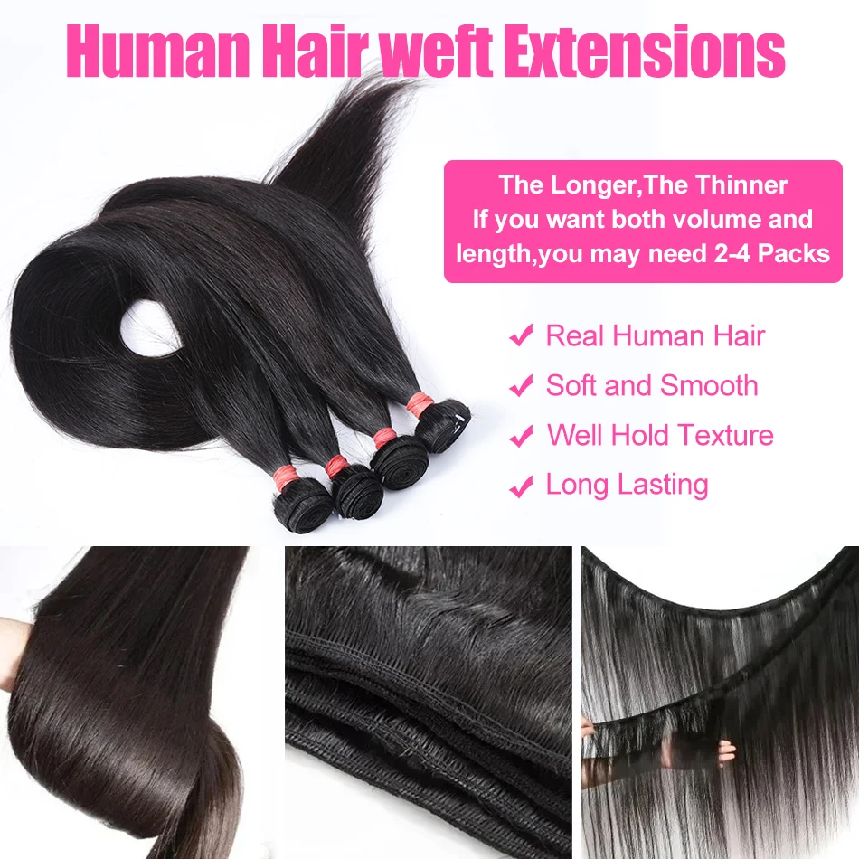 Bundles de cheveux humains indiens droits, extensions de cheveux humains, cheveux bruts, 30 po, 32 po, 12A