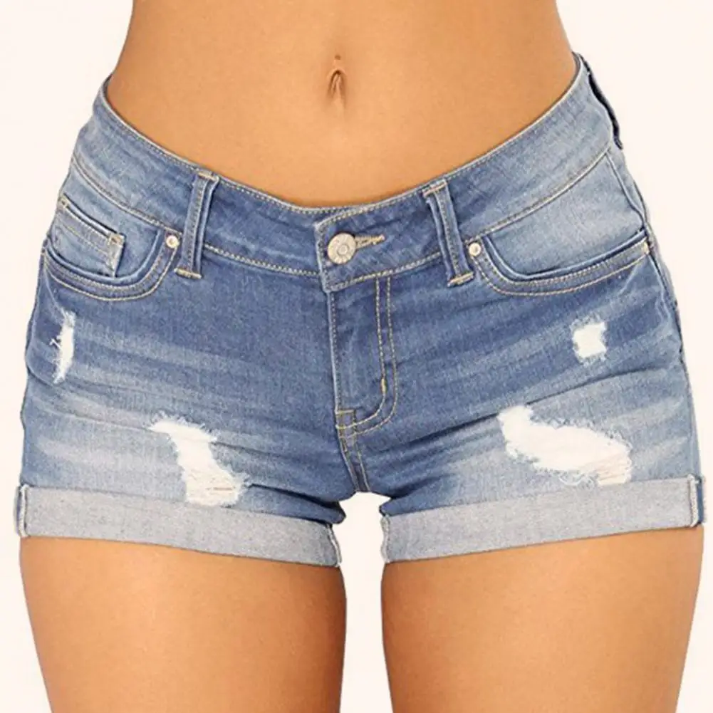 Fashion Trend Broken Holes Three Quarter Pants Summer Women's Casual Streetwear Slim Fit Button Splicing Denim Shorts Female New