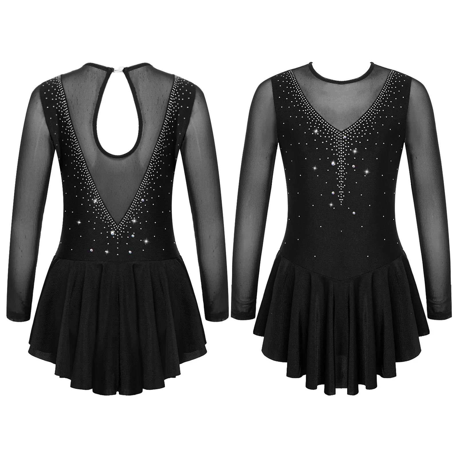 Children Girls Figure Skating Dress Ballet Gymnastics Lyrical Dance Leotard Tutu Long Sleeve Shiny Rhinestone Mesh Dancewear