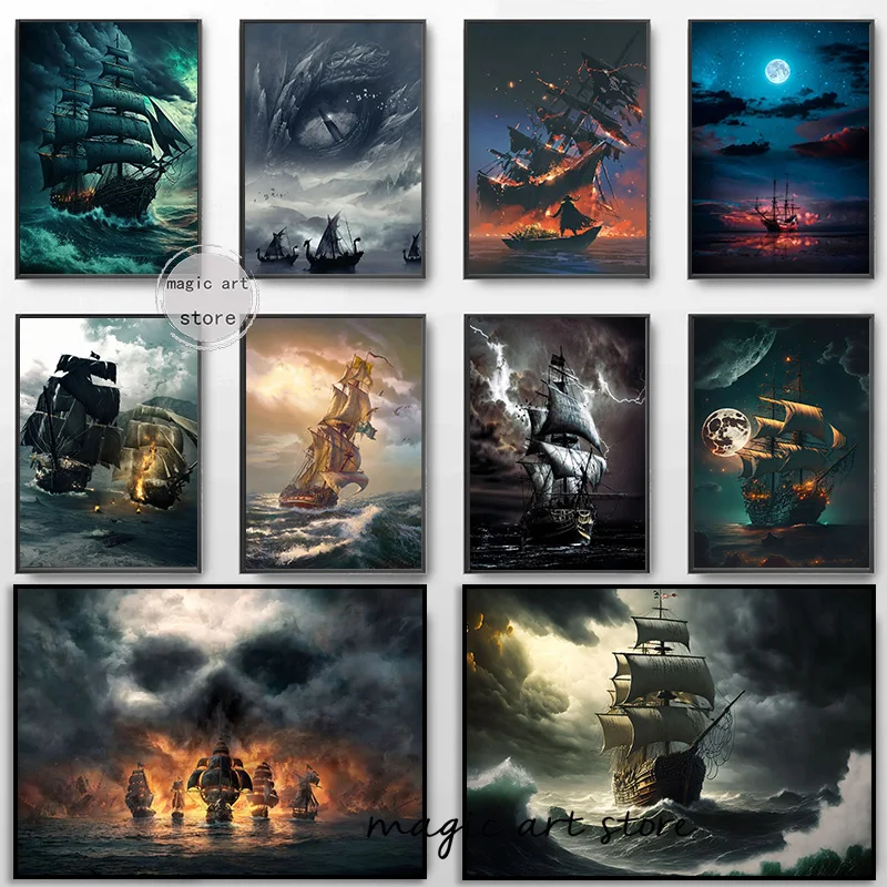 Vintage Priate Ship Sailing Boat Ocean Storm Landscape Art Poster Canvas Painting Wall Prints Picture for Living Room Home Decor