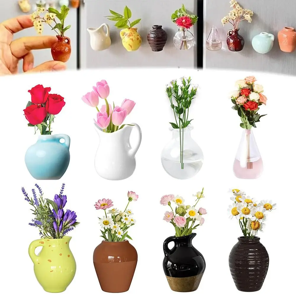 8Pcs Resin Vase Fridge Stickers DIY 3D Creative Fridge Magnets Exquisite Excluding Plants Mini Plant Vase Flower Arrangement