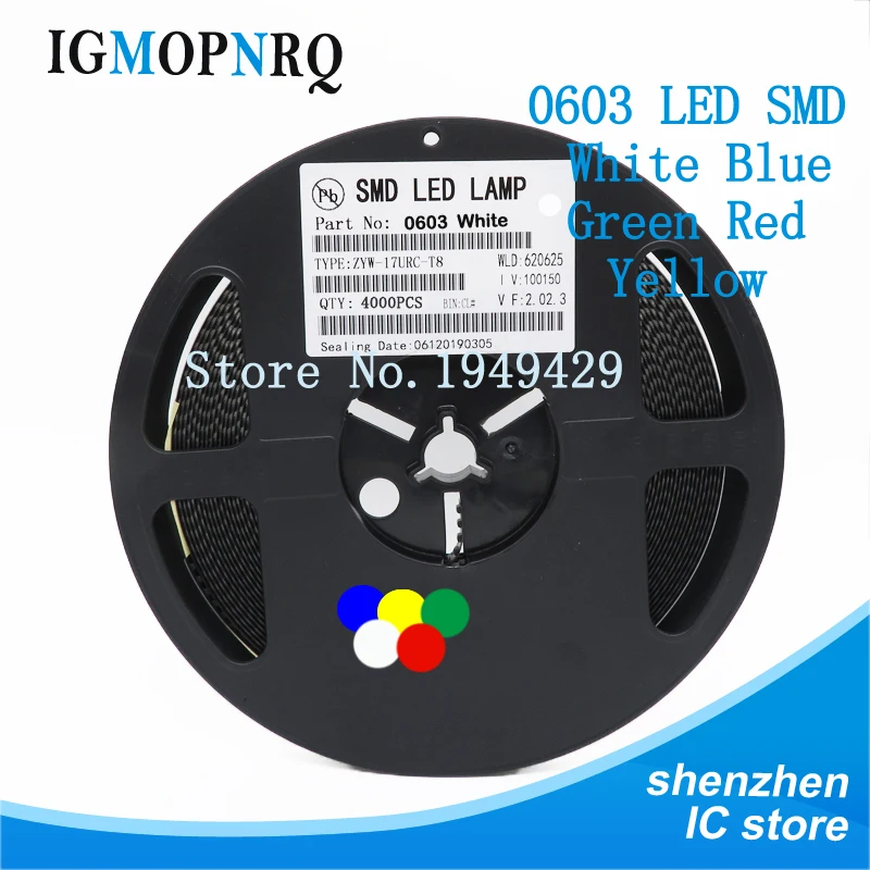 1Reel 4000pcs 0603 SMD LED  light  Yellow Red  Green Blue White new and