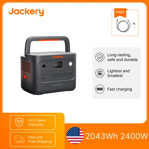 Jackery HP2000AC Plus v2 Power Station with 5m Extension Cable, 2043Wh LiFePO4 Battery, 2400W AC Output, Portable Power Generator for Emergency Home Backup, RV & Camping