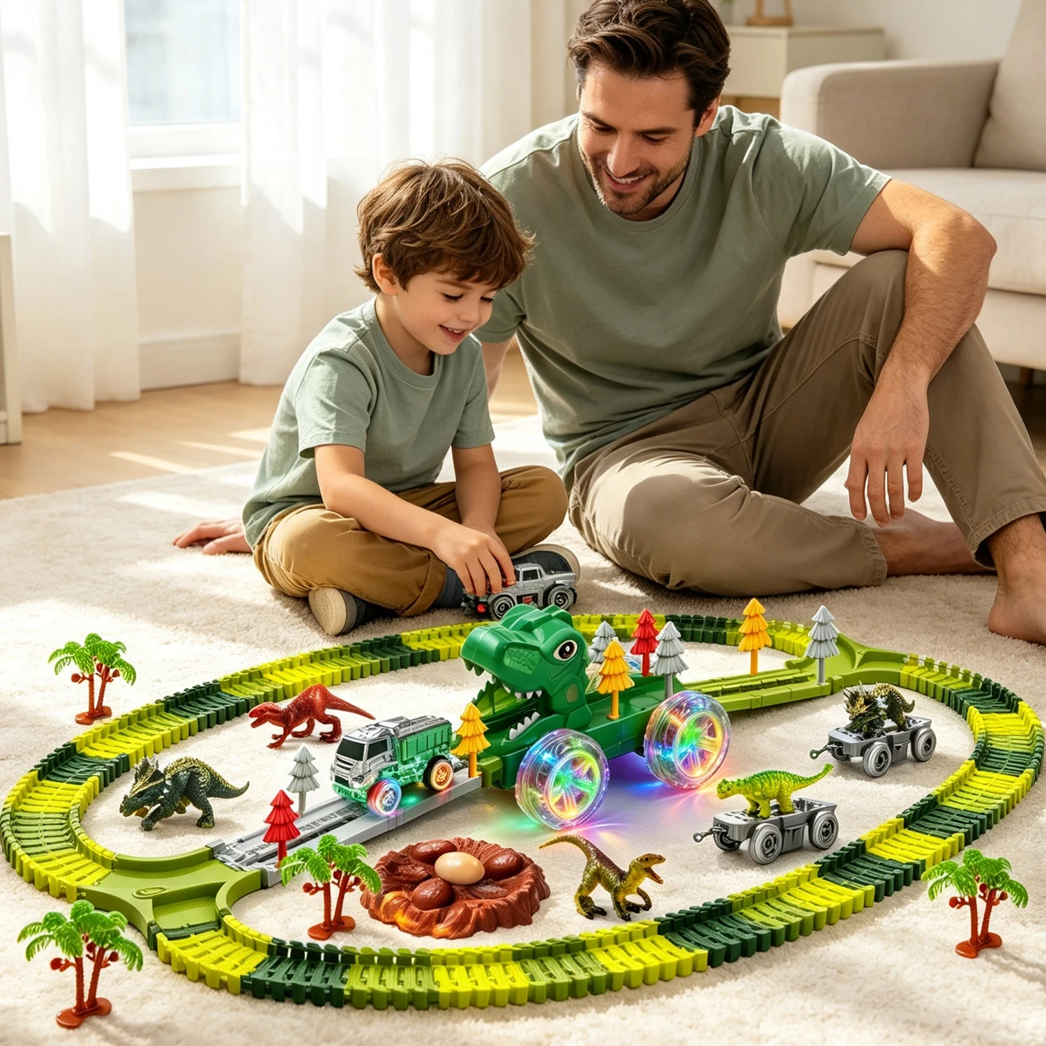 Magic Climbing Dinosaur Track Train Flexible Race Tracks LED Light‑Up Wheels Dinosaur Figures Car Toy Railway Building Toy Gift