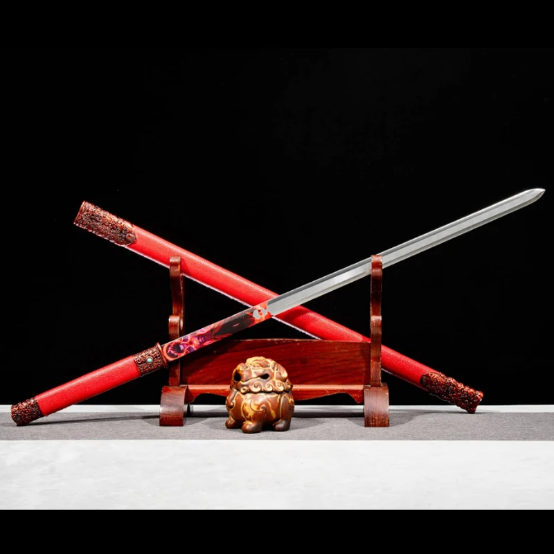 Chinese Nezha Theme Movie Tang Sword,High Manganese Steel,Red Leather Saya,Cosplay Home Decor Sword,Full Tang Shirasaya Prop view 3