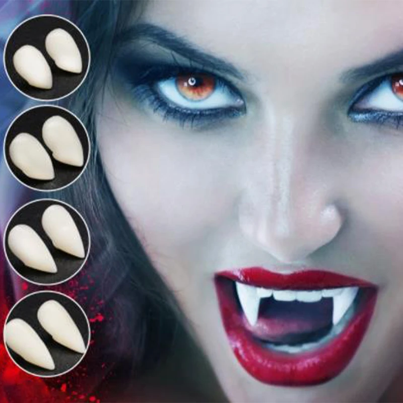 Hiasan pesta Halloween 1 pasang 11MM, properti kostum gigi vampir Resin gigi palsu lem kuat perekat gigi tiruan