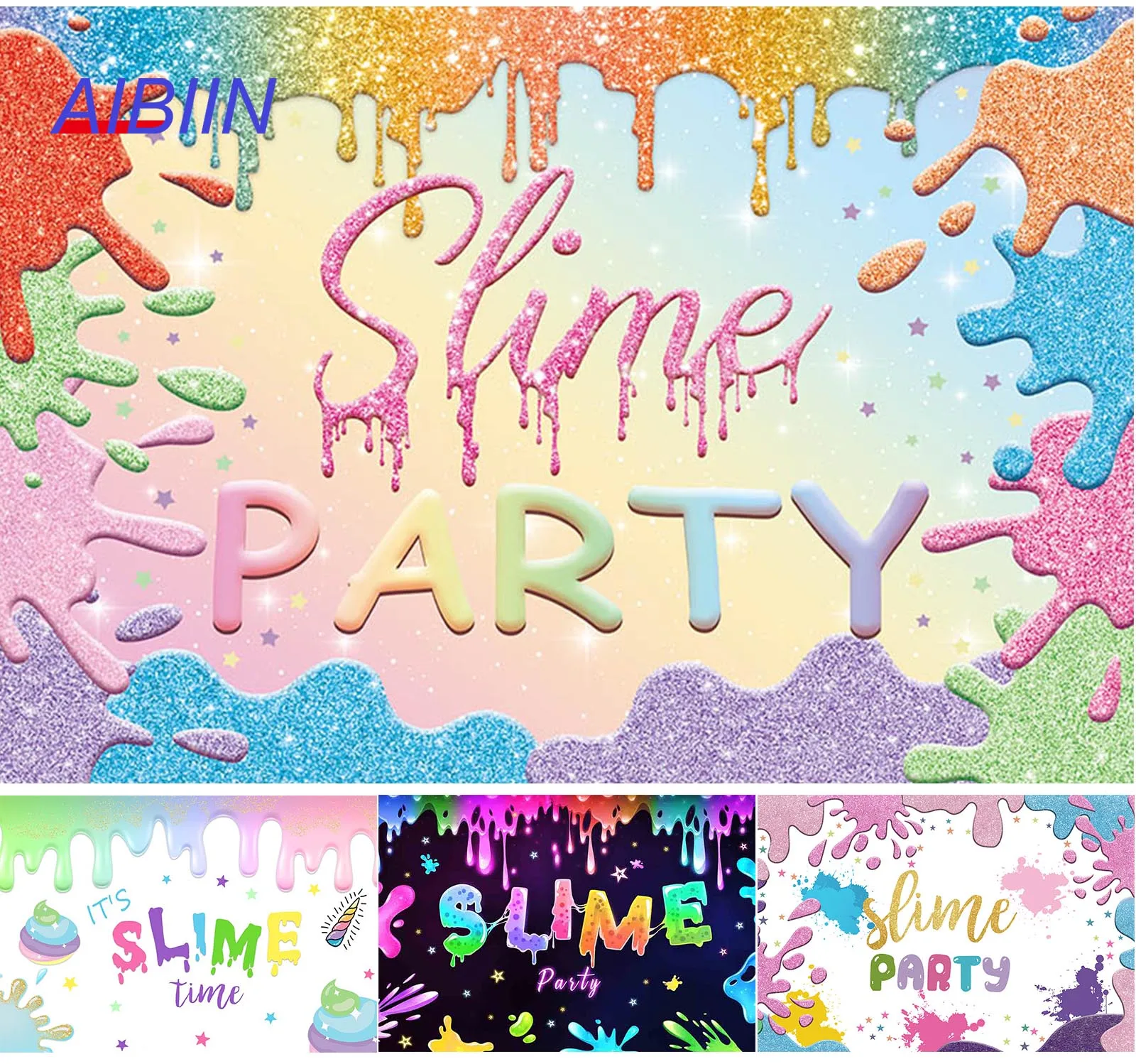 AIBIIN Slime Party Backdrop Baby Shower Birthday Photography Background Glitter Colorful Splatter Graffiti Painting Party Decor