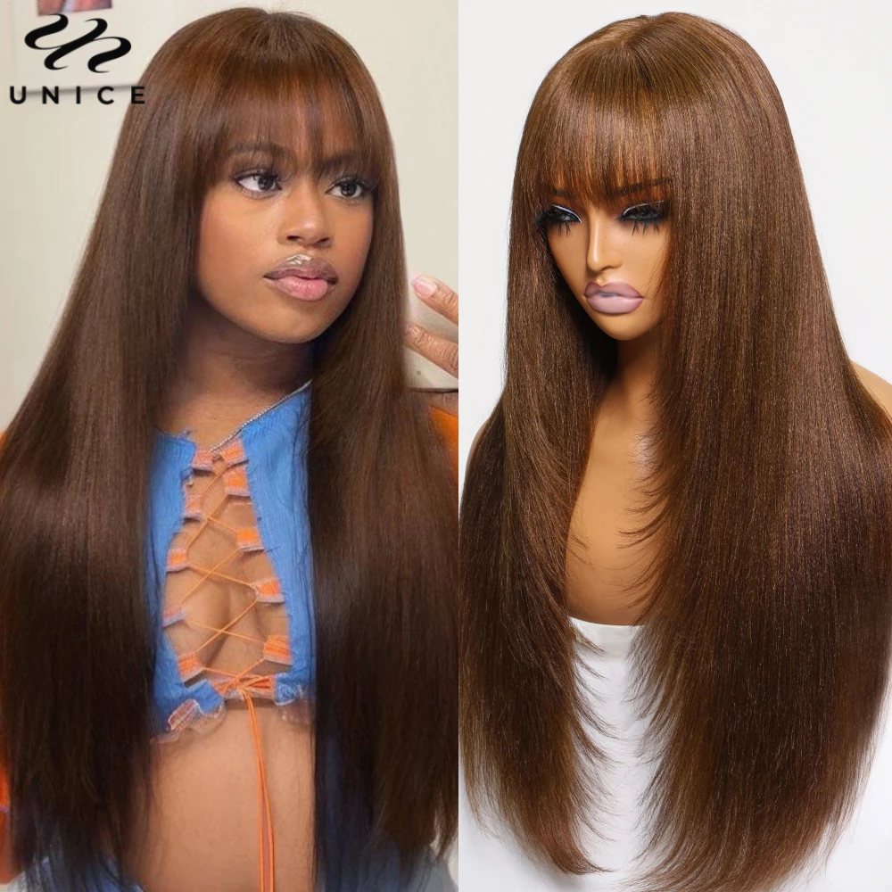 

Unice Hair Yaki Straight #4 Brown Human Hair Wig With Bangs Layered Cut Middle Part 4x2 Lace Front Human Hair Wig 150% Density