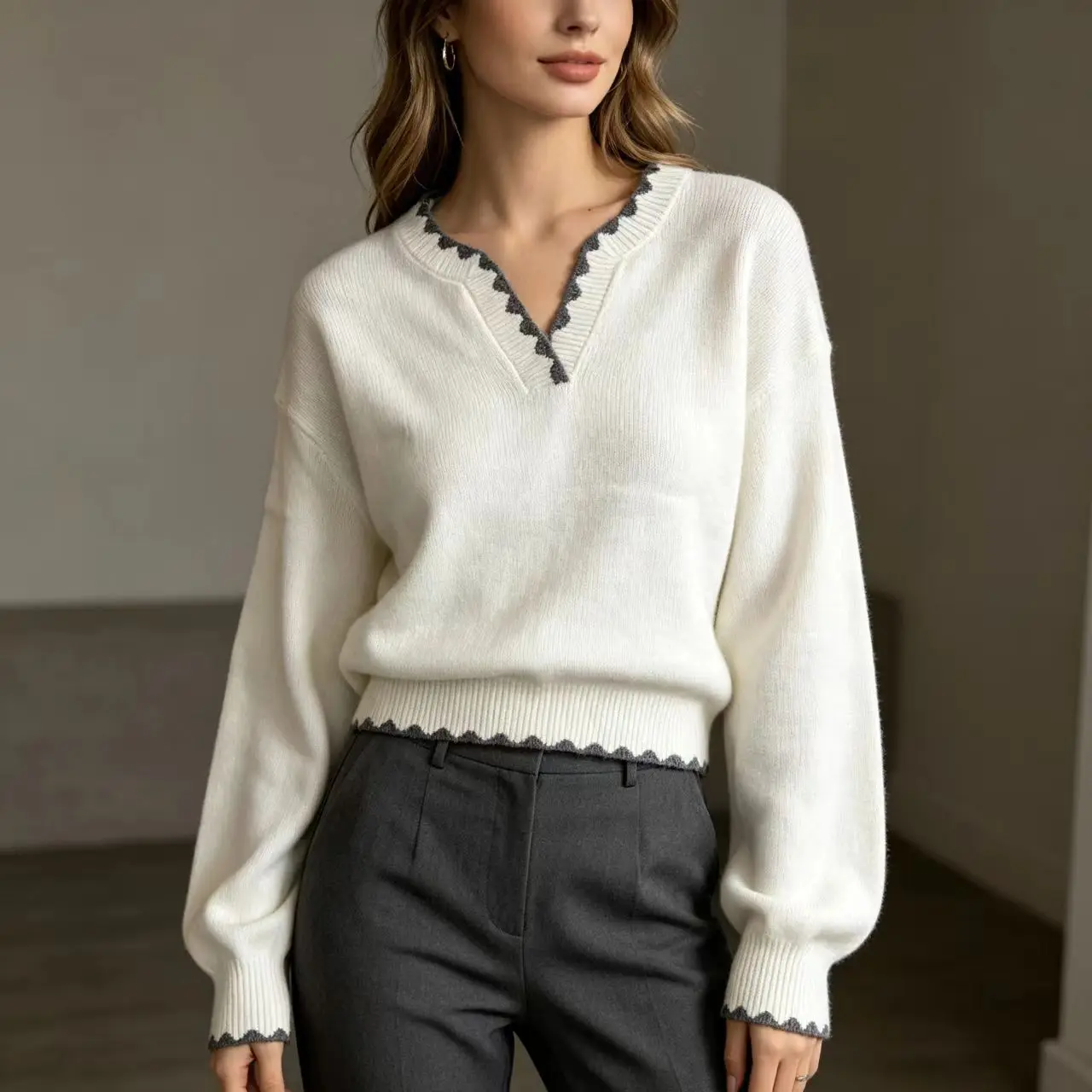 Women V Neck Knit Sweater Long Sleeve Contrast Scalloped Trim Pullover Loose Casual Autumn Winter Soft Knitted Jumper