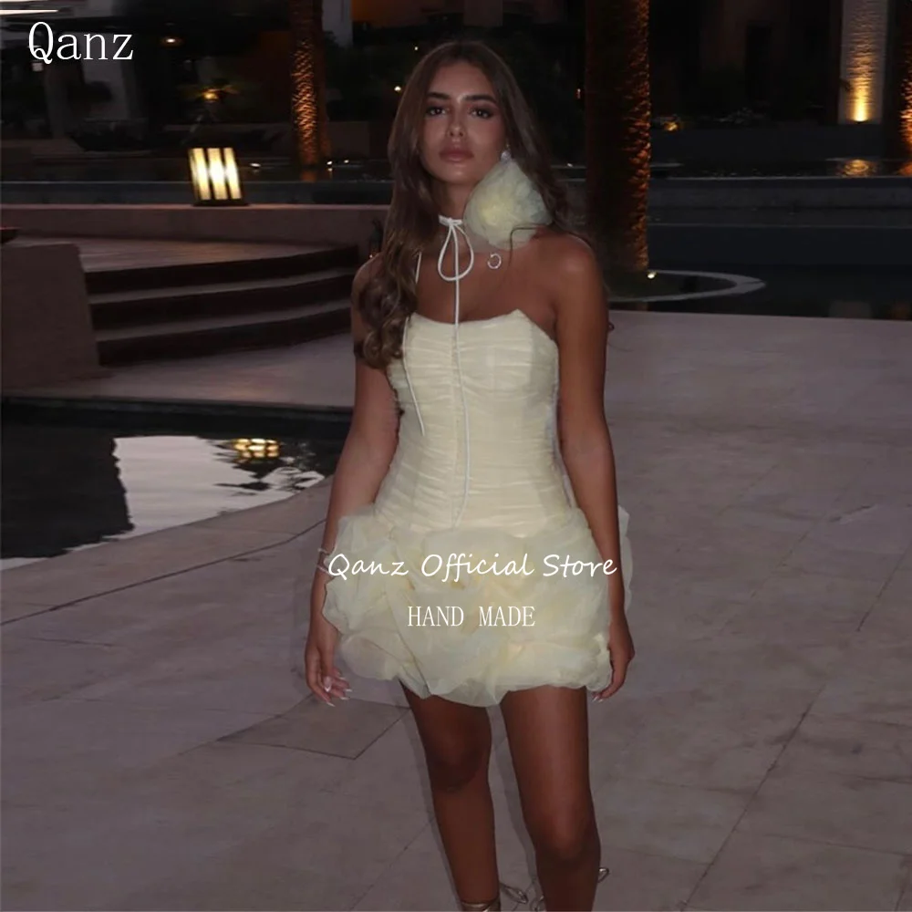 

Qanz Yellow Mini Prom Dresses Organza Birthday Dress Woman Sexy Ruffles Above Knee Strapless Robe Cocktail Femme Customized
