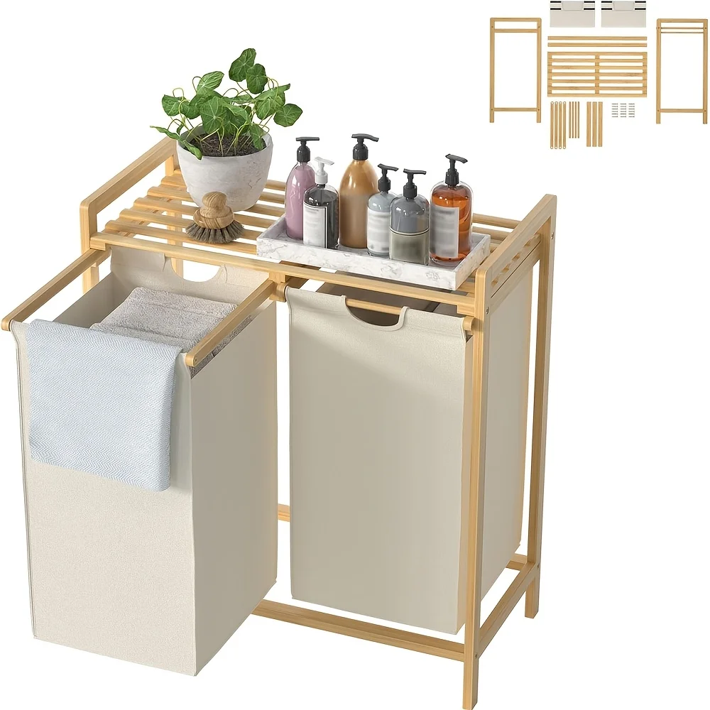 Bamboo Laundry Basket with 2 Dividers, 19.02gal Oxford Cloth Laundry Sorter, Removable And Washable Laundry Sorting