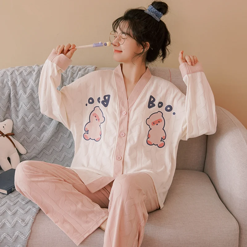 Pink Cartoon Pajamas Sets Women Cute Long Sleeves Long Pants Autumn Winter Kawaii Pyjamas Soft Pijamas Cozy Sleepwear Button Pjs