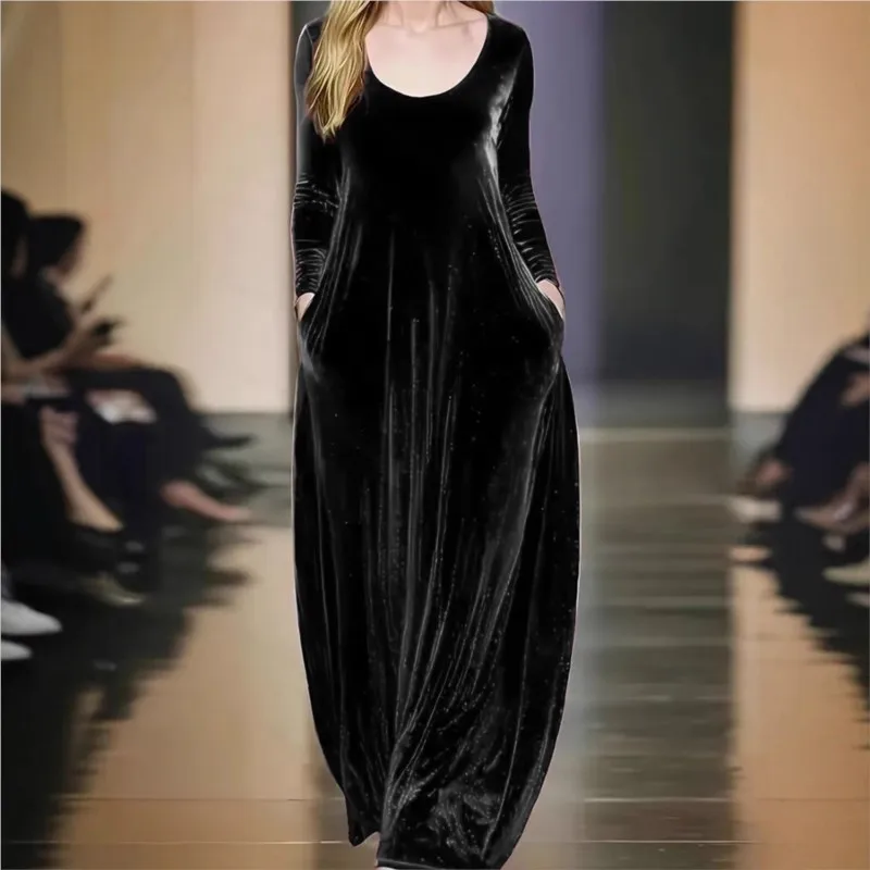 エレガントなベルベットのプロムパーティードレス 女性用 ヴィンテージ マキシドレス 秋冬新作 ゴールドベルベット Oネック 長袖