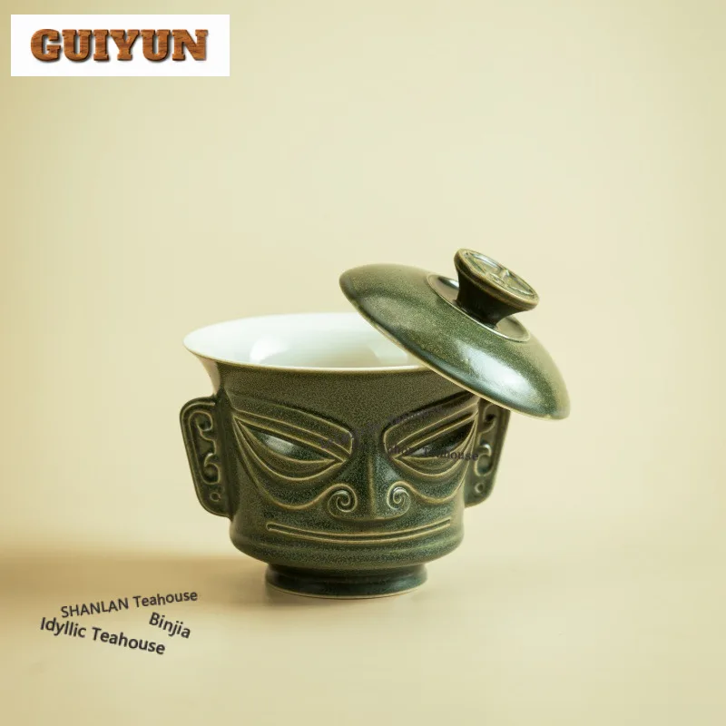 155ml Sanxingdui Mask Ceramic Gaiwan Retro Tea Tureen Tea Bowl With Lid Kit Tea Making Cover Bowl Cha Accessories Ornaments