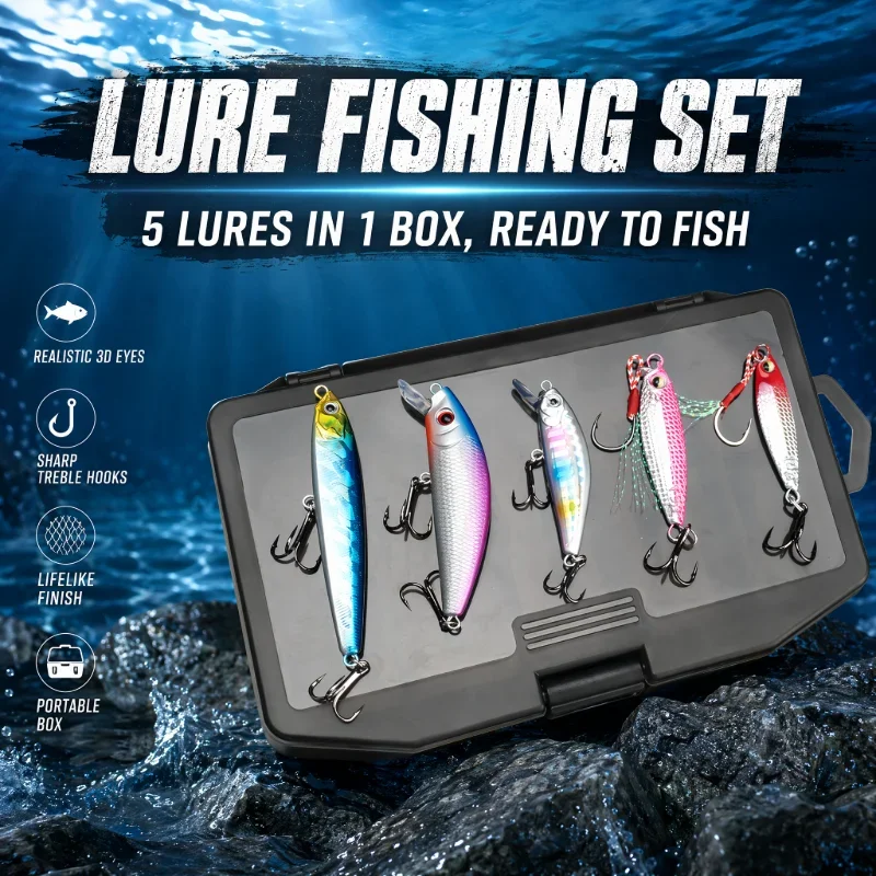 DEUKIO 5pcs/Box Fishing Lures Set Sinking Minnow Metal Jig Trout Artificial Bait Crank Bait Bass Fishing Tackle with Box