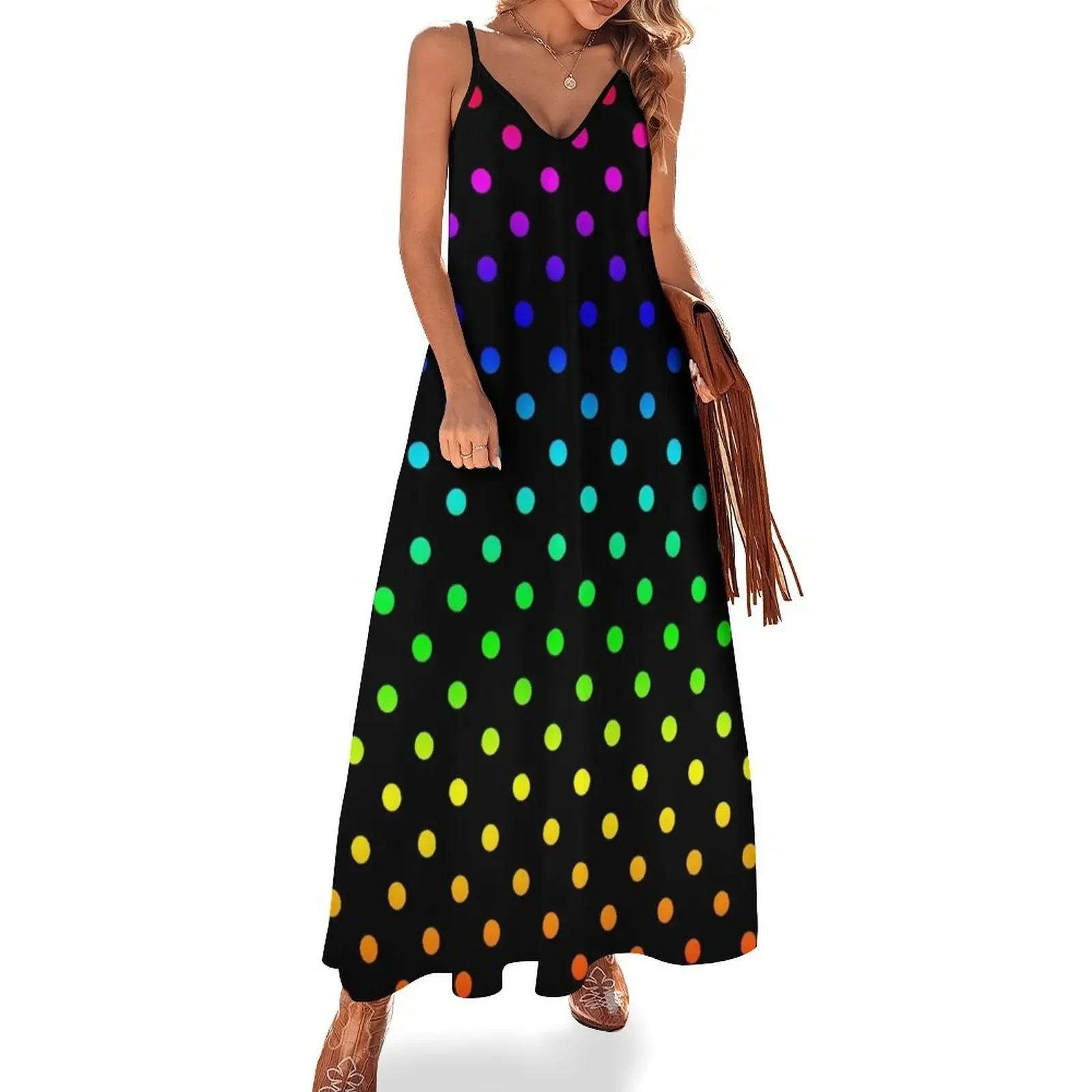 

Medium Rainbow Polka Dots on Black Sleeveless Dress women's luxury party dress Womens dresses Dress