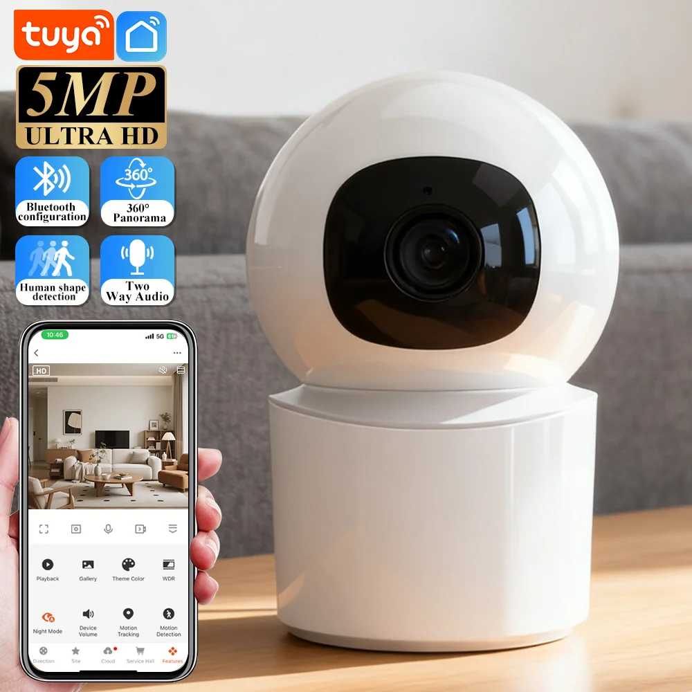 Tuya 5MP HD Pet Dog Camera Indoor Security Baby Camera, 360° Pan & Tilt, 2-Way Audio, Night Vision Automatic Tracking PTZ CCTV
