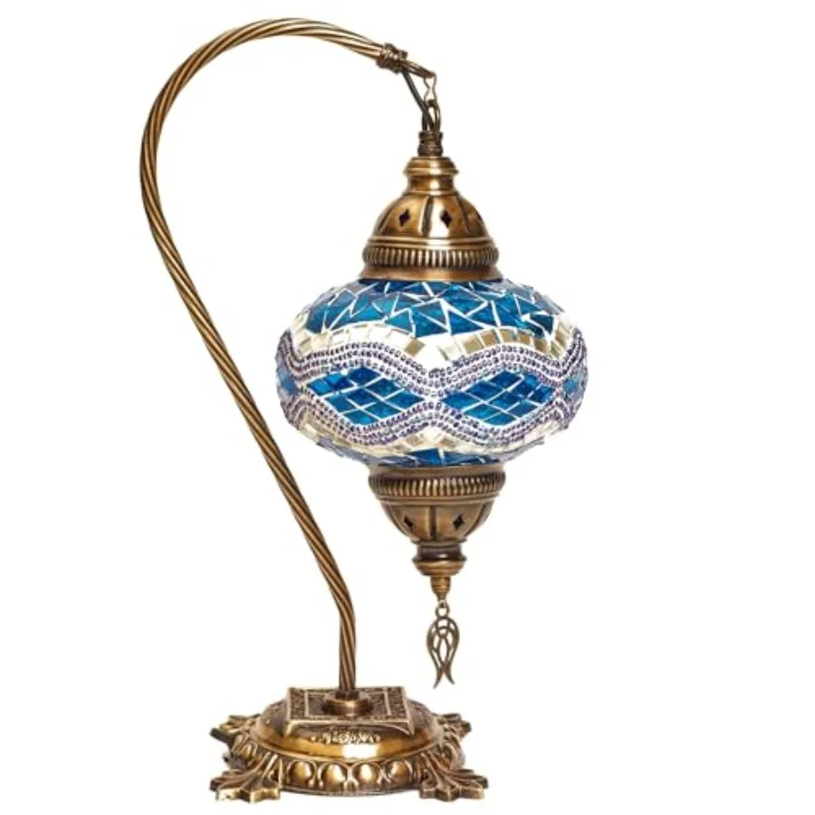 

Handmade Turkish Mosaic Table Lamp Blue Glass Swan Neck Bedside Light with Antique Bronze Base, Moroccan Style Decor for Bedroo
