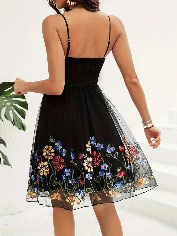 Womens Stylish vintage Sling Dress Holiday Sexy embroidered Short Dress Summer Camisoles  Backless Sleeveless Casual Slip Dress