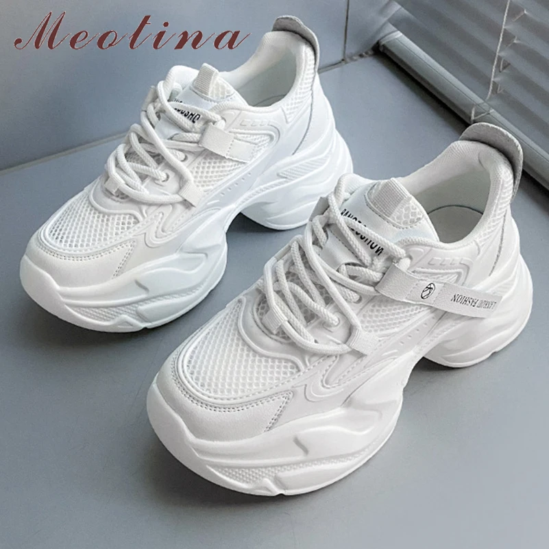 Meotina-Baskets en cuir véritable pour femmes, chaussures rondes plates à lacets, mode décontractée, printemps automne, beige blanc 40