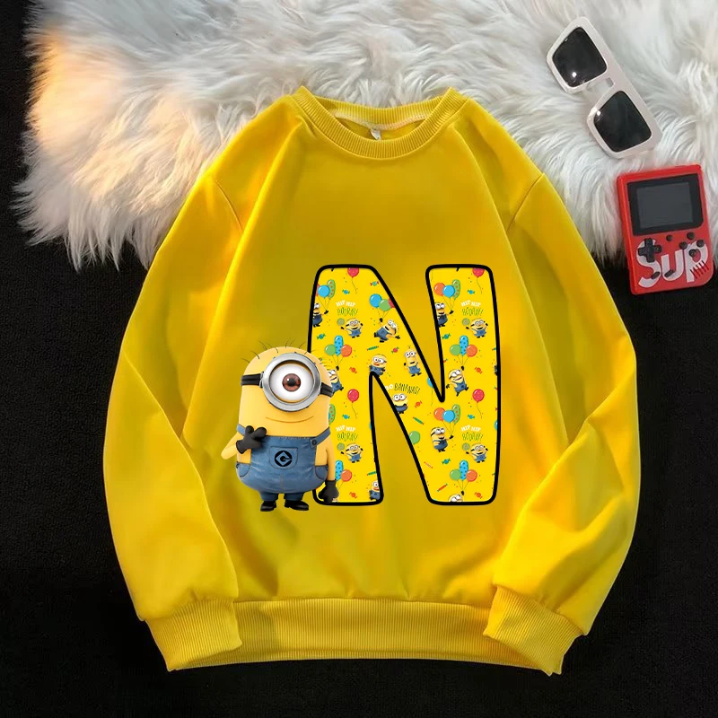 

Minions Children Round Neck Hoodie Boys Cartoon Letter Sportswear Cute Yellow Girl Sweatshirt Home Clothes Long Sleeved Top Gift