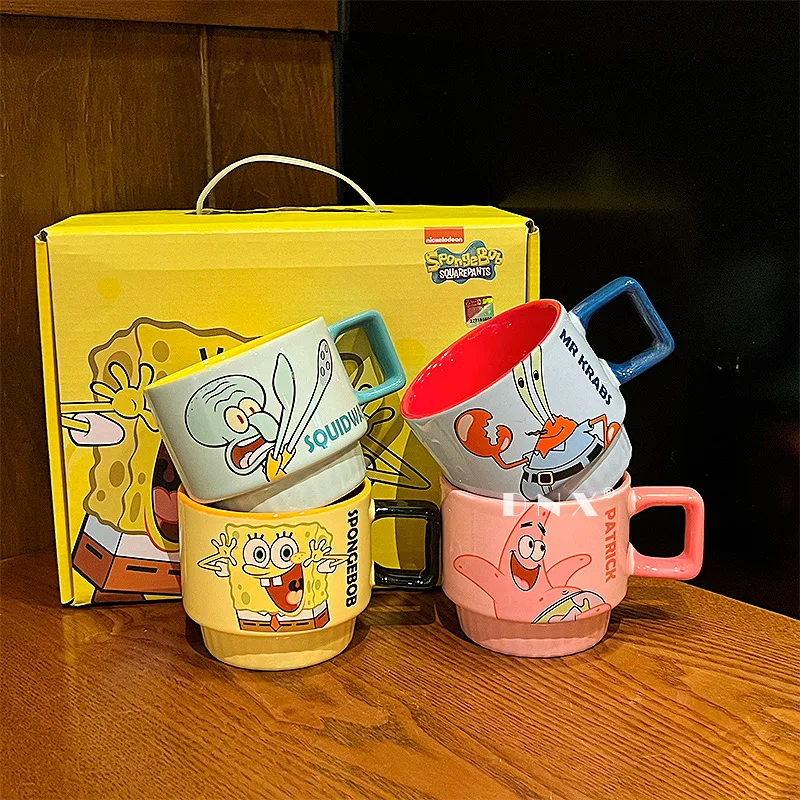 4-teiliges SpongeBob Schwammkopf-Keramik-Becher-Set, süßes Anime Patrick Star Thaddäus-Paar-Becher, Urlaubsgeschenk, Keramikbecher, Farbbox