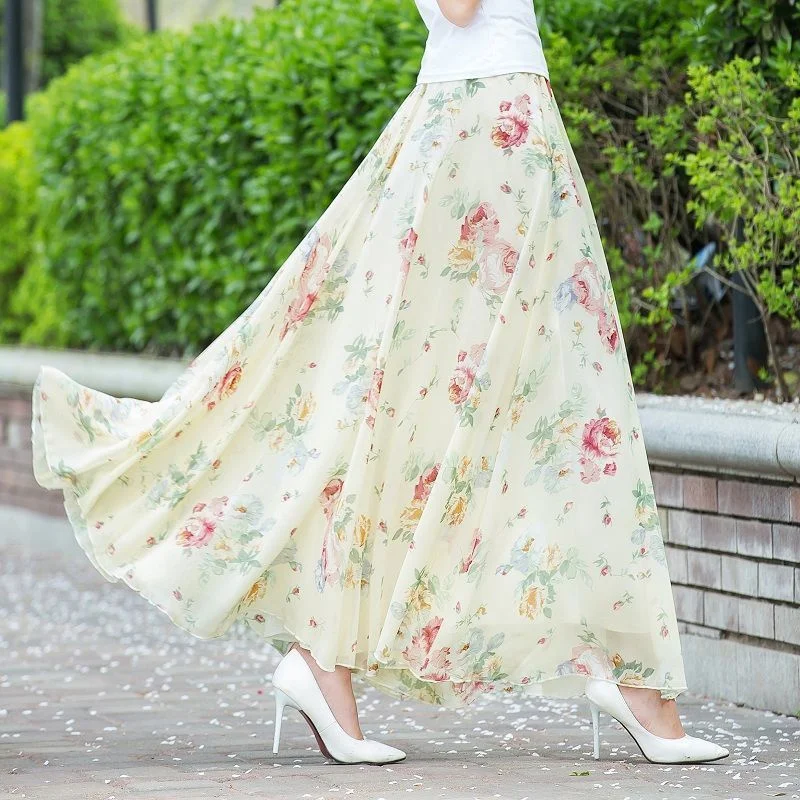 3XL Plus Size Women Floral Skirts Summer High Waisted Maxi Chiffon Long Skirt Beach Skirt Pleated Boho Skirts Women Clothes C485