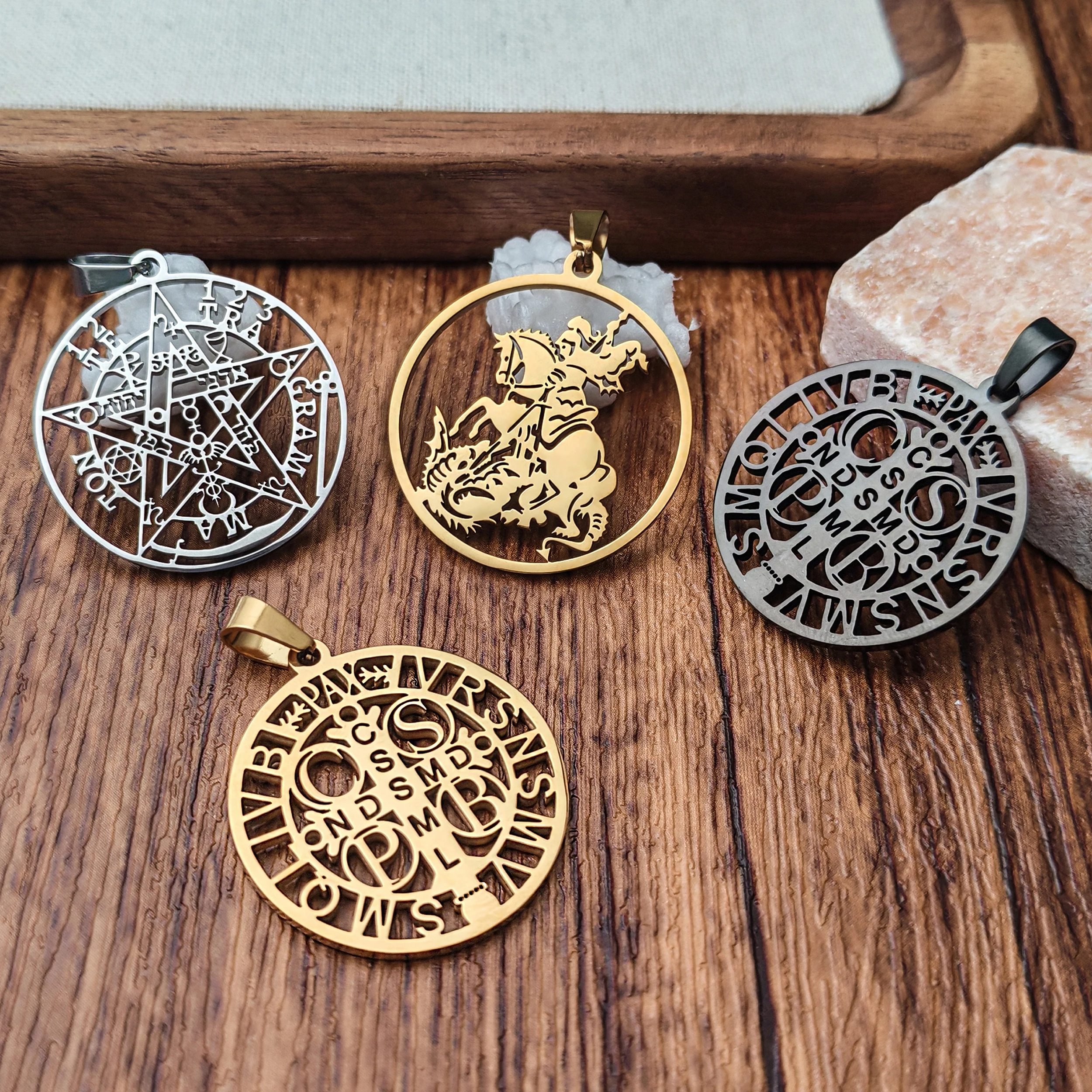 Stainless Steel Tetragrammaton Pentagram/Saint George/St. Benedict Pendant Hollow Cross Medal Protection Amulet Necklace Pendant