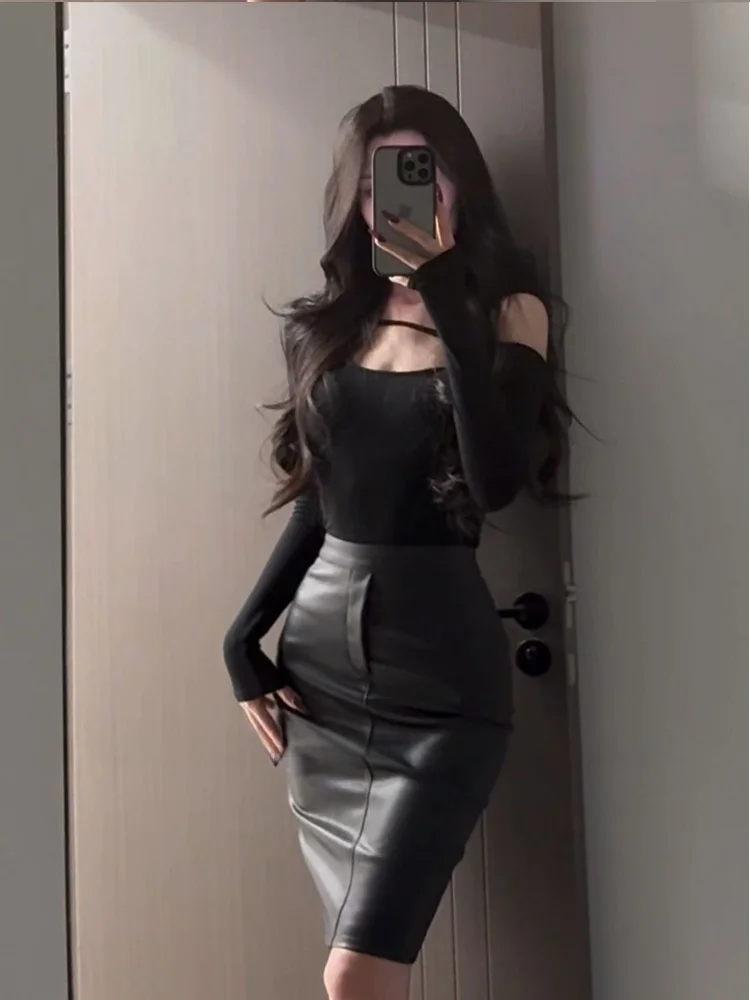 

Комплект Syj Ujia: женский топ с длинным рукавом больших размеров и кожаная юбка макси с высокой талией, повседневный, для фигуры типа «груша»