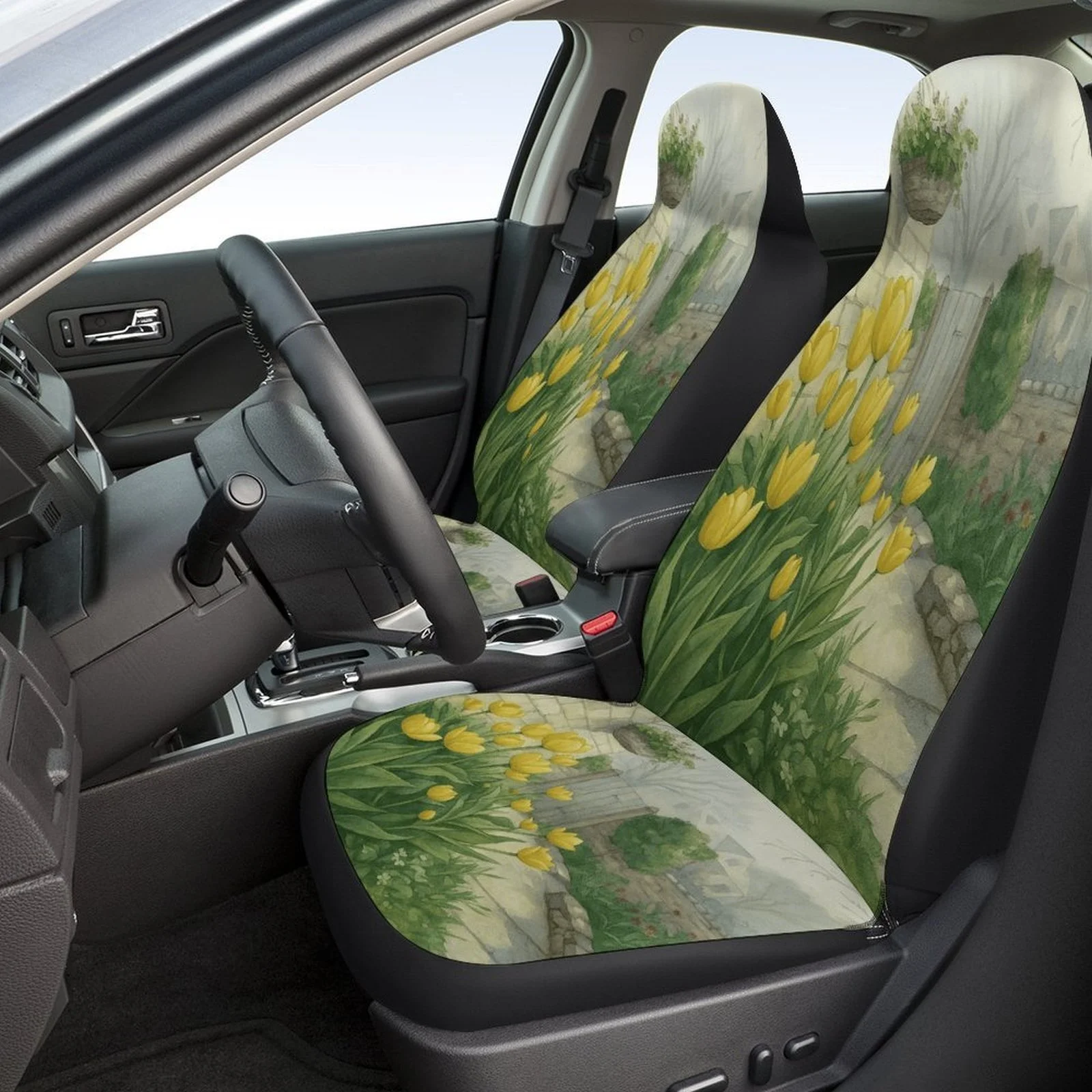 Yellow Tulips Garden Designed Car Seat Cover Set For Most Cars, High-quality Comfortable Car Seat Protector Covers Full Set, Ca