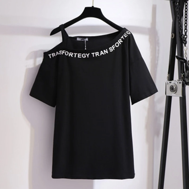 Extra large size women's fat mm summer word shoulder print strapless t-shirt Korean version careful machine top