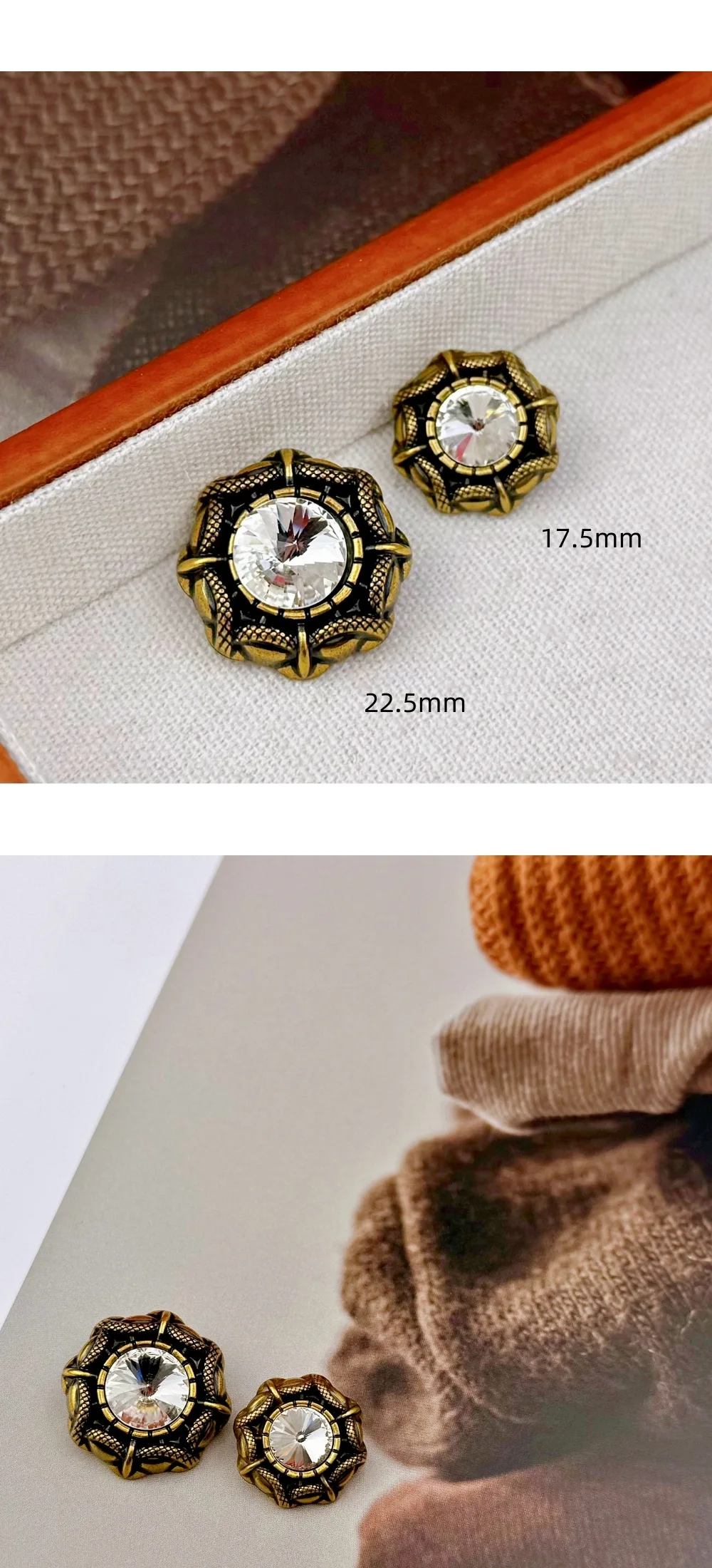 10 Stück Metallknöpfe, Kleidungszubehör, eingelegte Strass-Dekorationsknöpfe, DIY-Bastel- und Nähzubehör, unregelmäßige runde Knöpfe – Detail 3