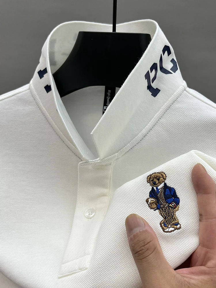 Camiseta Polo de algodón puro 100 de marca de lujo para hombre, camiseta de manga larga con bordado de oso y solapa, nueva camiseta de moda de negocios para otoño, Top para hombre