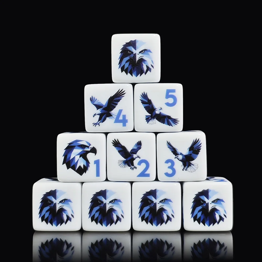 12Pcs 16mm White Acrylic D6 Dice Full Printed Blue Eagle Pattern 1-6 Six Sided Dice For DND RPG Tabletop Game Party Supplies