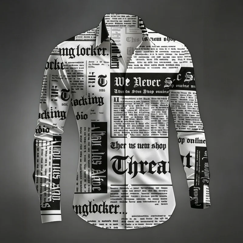 Men's Shirt Long Sleeved Shirt Newspaper Letter Print Retro Casual Single Breasted Shirt Street Style Trendy Men's Top