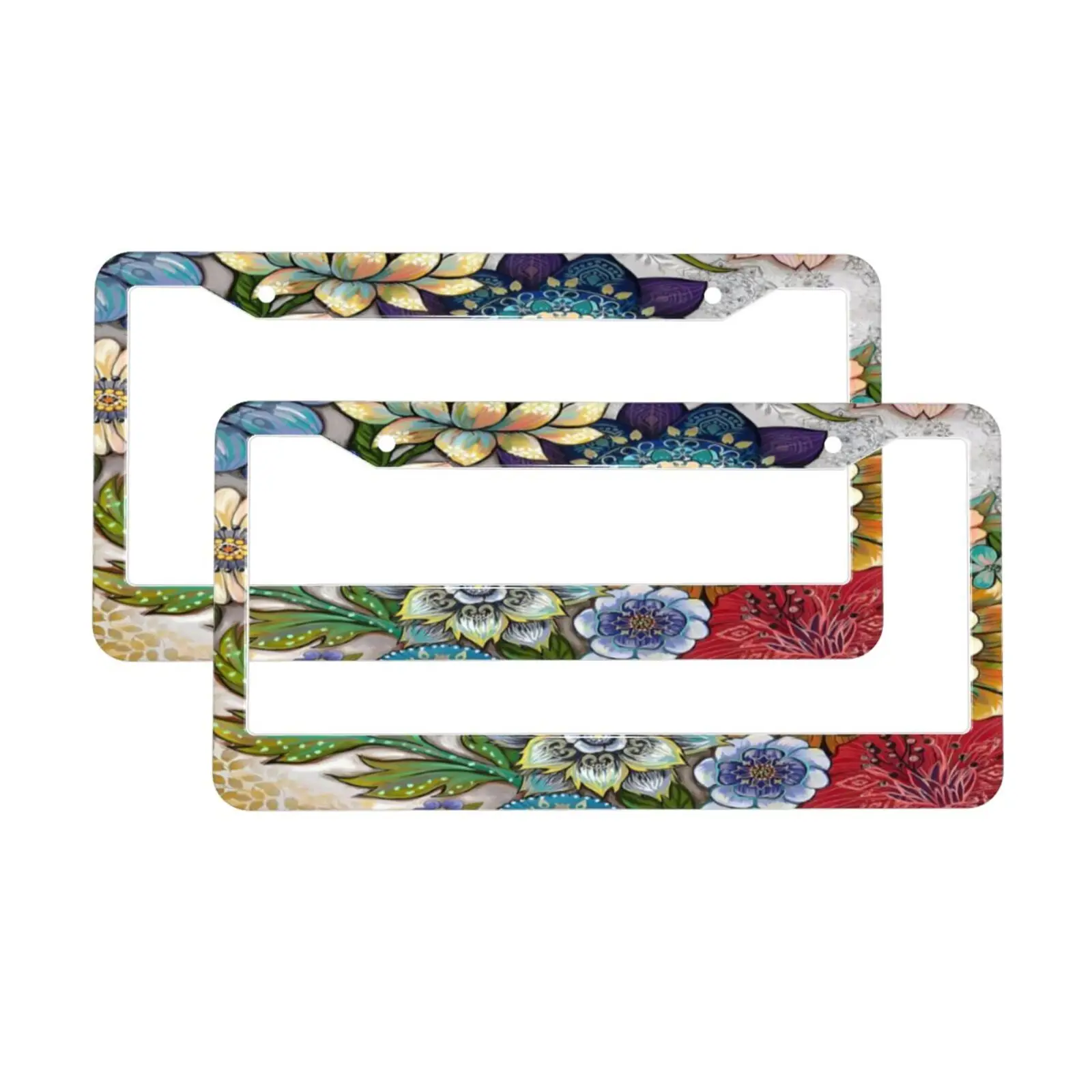 Decorative Boho Floral Print Car License Plate Frame 2 Pack License Plate with 2 Holes Car Tag Frame for Women Men US Vehicles