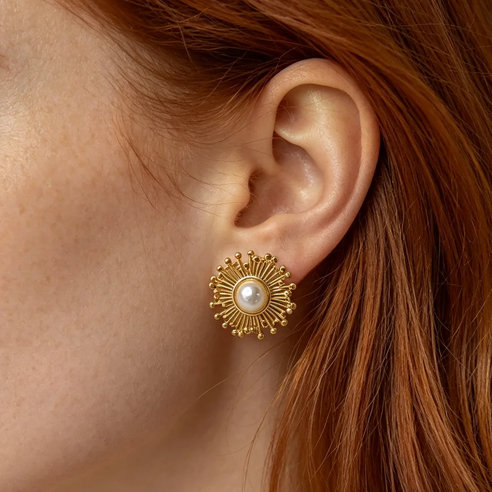 New French Elegant Gold Color Bean Spliced Flat Pearl Earrings for Korean Fashion Jewelry Party Women's Sweet Accessories