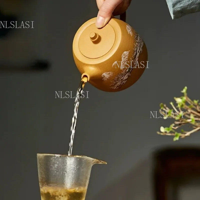 Yixing Zisha Well Column Teapot Yellow Clay Snow Mountain Village Landscape Pattern Kung Fu Teapot Chinese Purple Clay Tea Maker