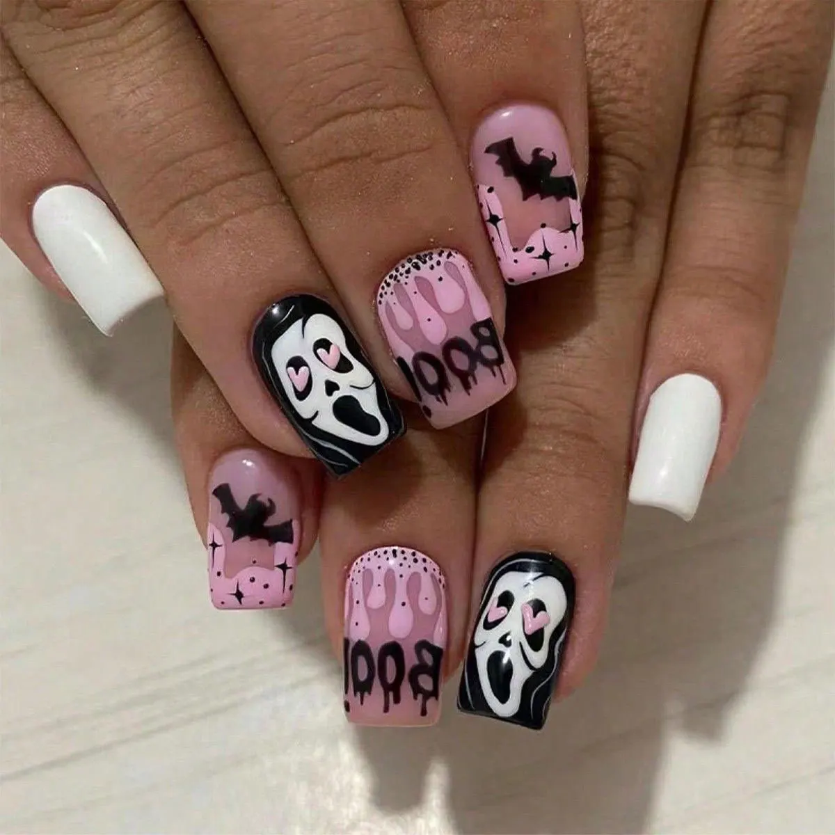 Halloween Square Press on Nails Medium Length Fake Nails Black Pink False Nails with Bat Boo Letter Ghost Pattern Acrylic Nails