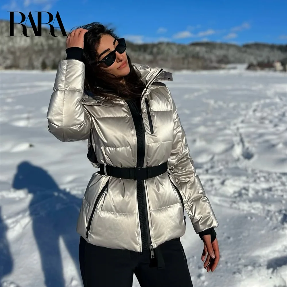 RARA 2025 Women's Ski Series Hooded Down Cotton Jacket with Belt Fashion Waist Warm Windproof Waterproof Commuter Jacket