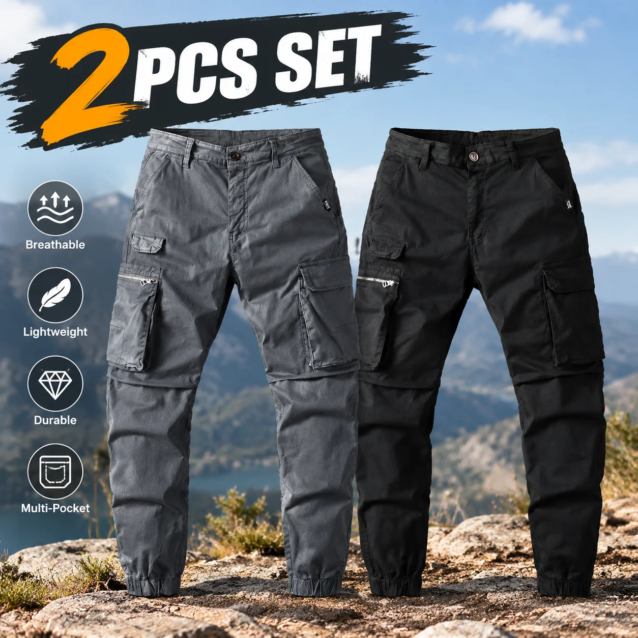 2 Piece Set Men's Cargo Jogger Pants Retro Slim Fit Multi Pocket Drawstring Workwear Trousers Casual Streetwear Sports Pants