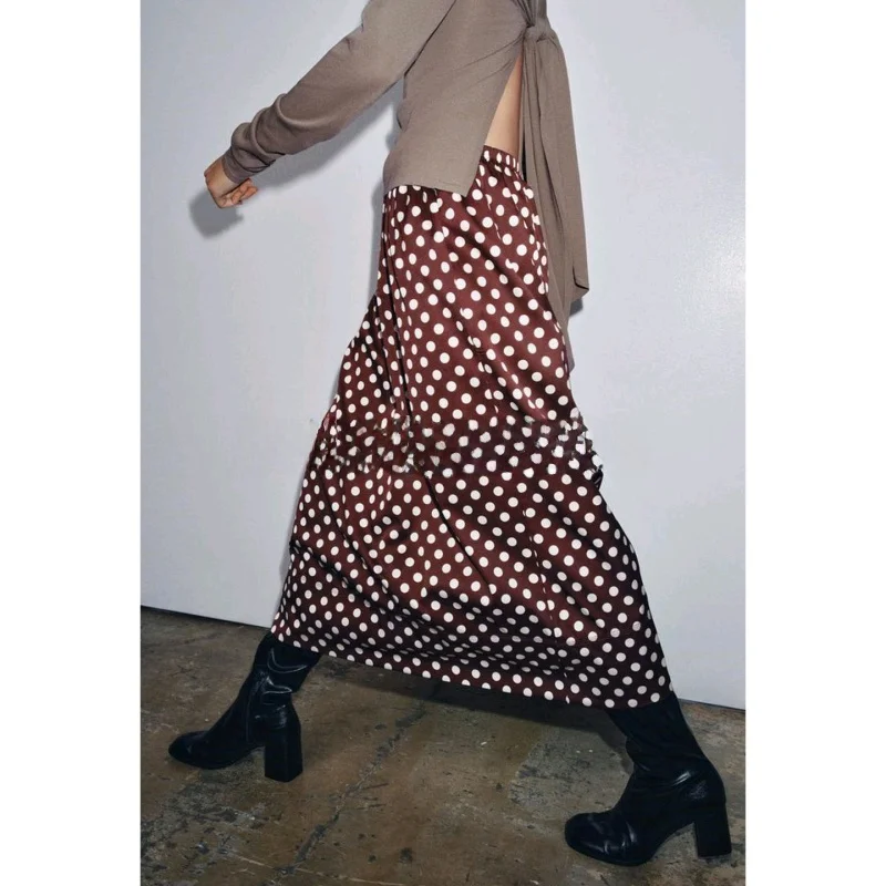 กระโปรงทรงเอเอวสูงความยาวปานกลาง ดีไซน์ใหม่สำหรับผู้หญิง ลายจุด ผ้าโพลีเอสเตอร์ แต่งลูกไม้ สไตล์ลำลอง ทรงเข้ารูป