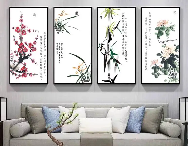 Chinese Style Living Room Decoration Painting, Wall Canvas Poster, plum blossom, orchid, bamboo, chrysanthemum, Sofa Background