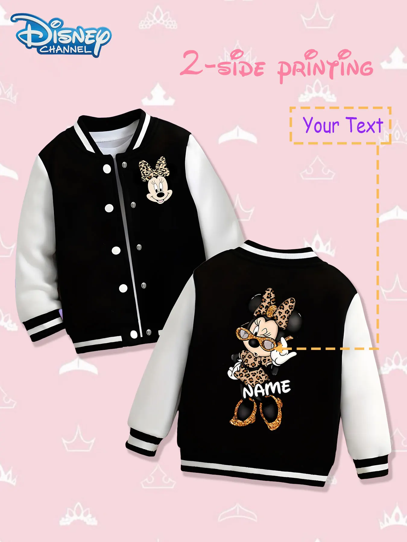 

MINISO Disney Minnie Mouse Leopard Print Baseball Jacket for Kids - Minnie Mouse's trendy leopard print design is displayed on b