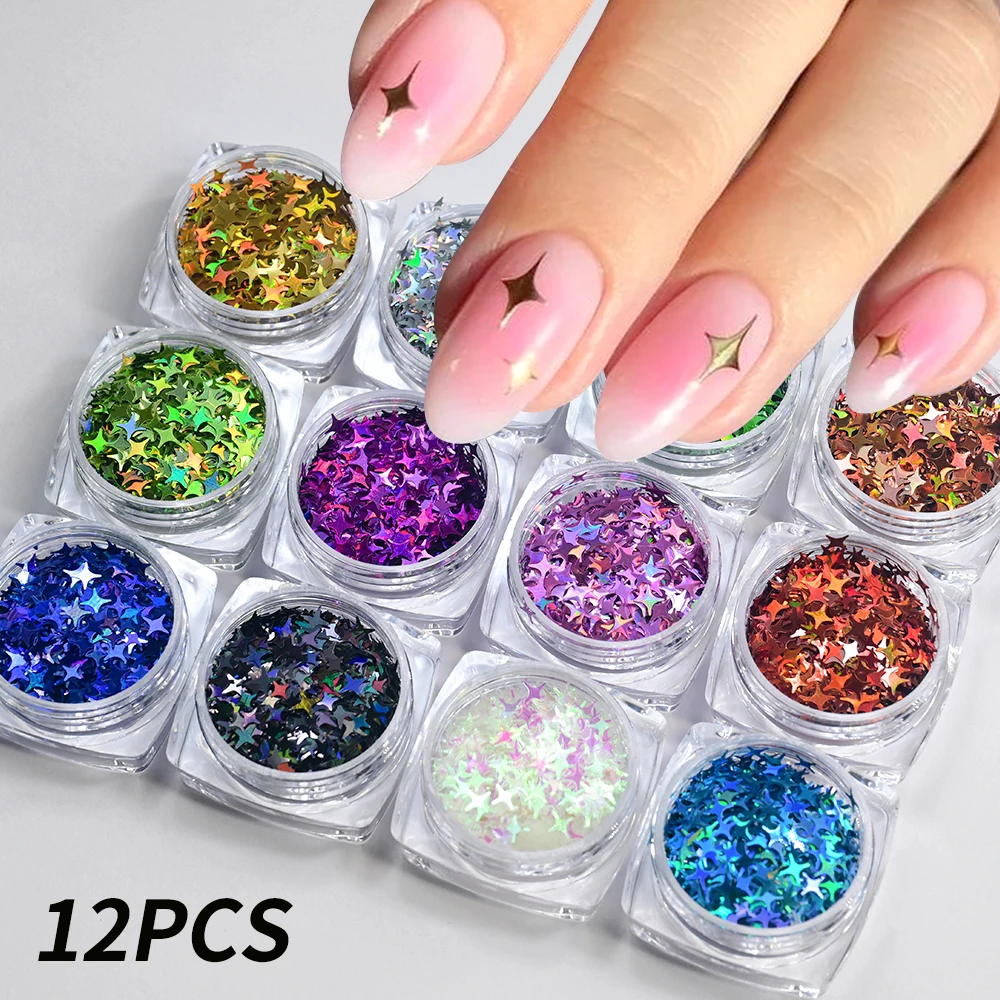 Paillettes pour Nail Art Aurora, 12 Pots/Ensemble, Feuille, Autocollant, Laser, Breloque, Accessoires, 12 Couleurs