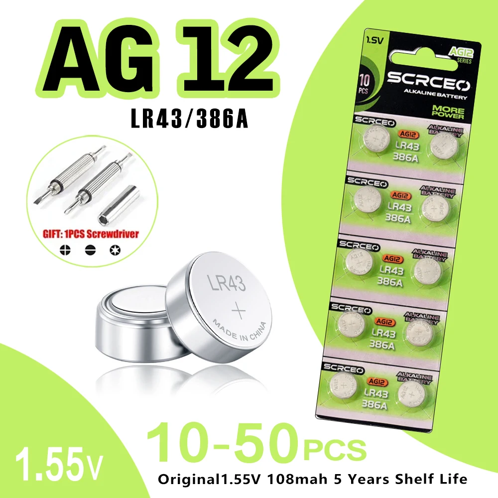 10-50PCS LR43 AG12 LR43 386A SR43 186 1.5V Lithium Manganese Dioxide Button Battery, Suitable for Calculators, Watches