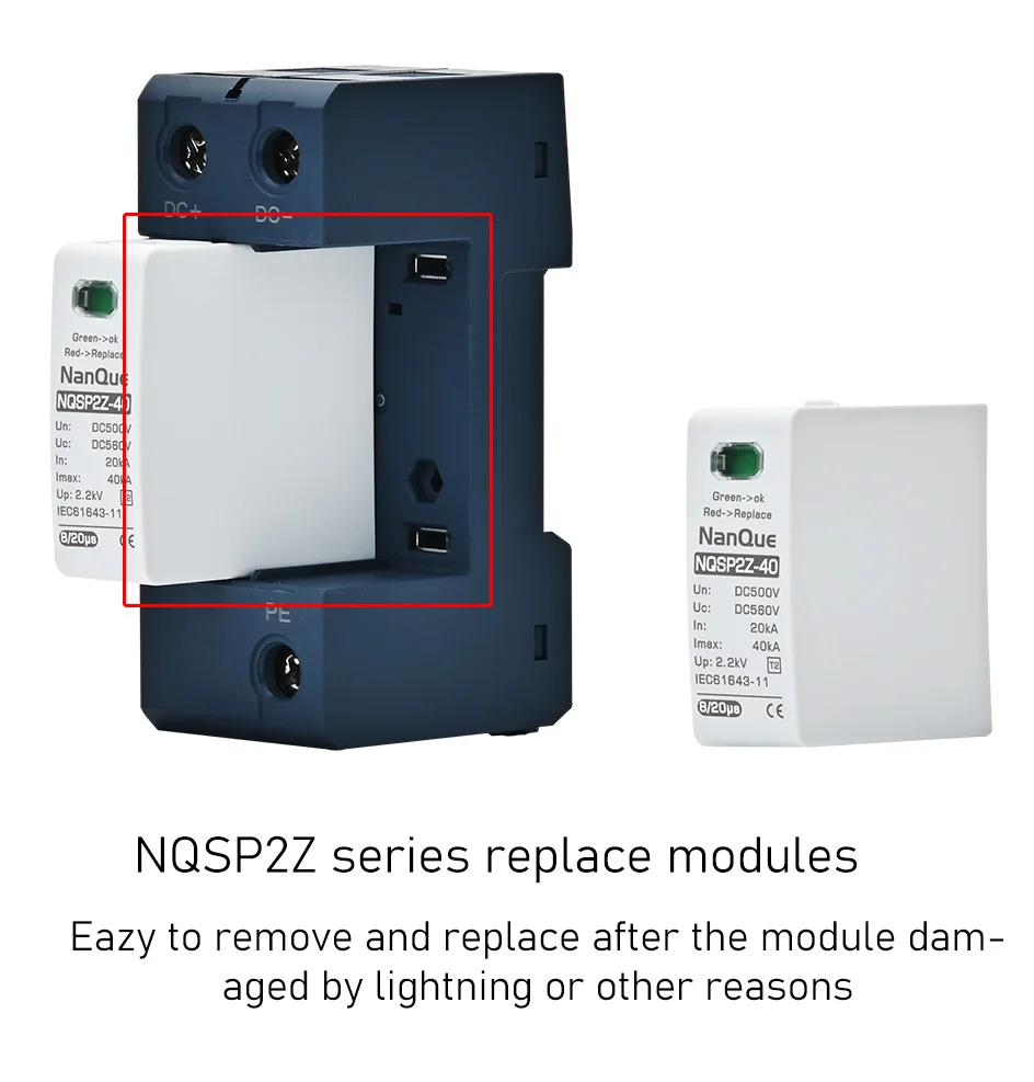NQSP2Z DC SPD Modul 100/250/500/800/1000V Spannung Überspannungsschutz Ersetzen Modul 40KA T2 Ebene – Detail 3