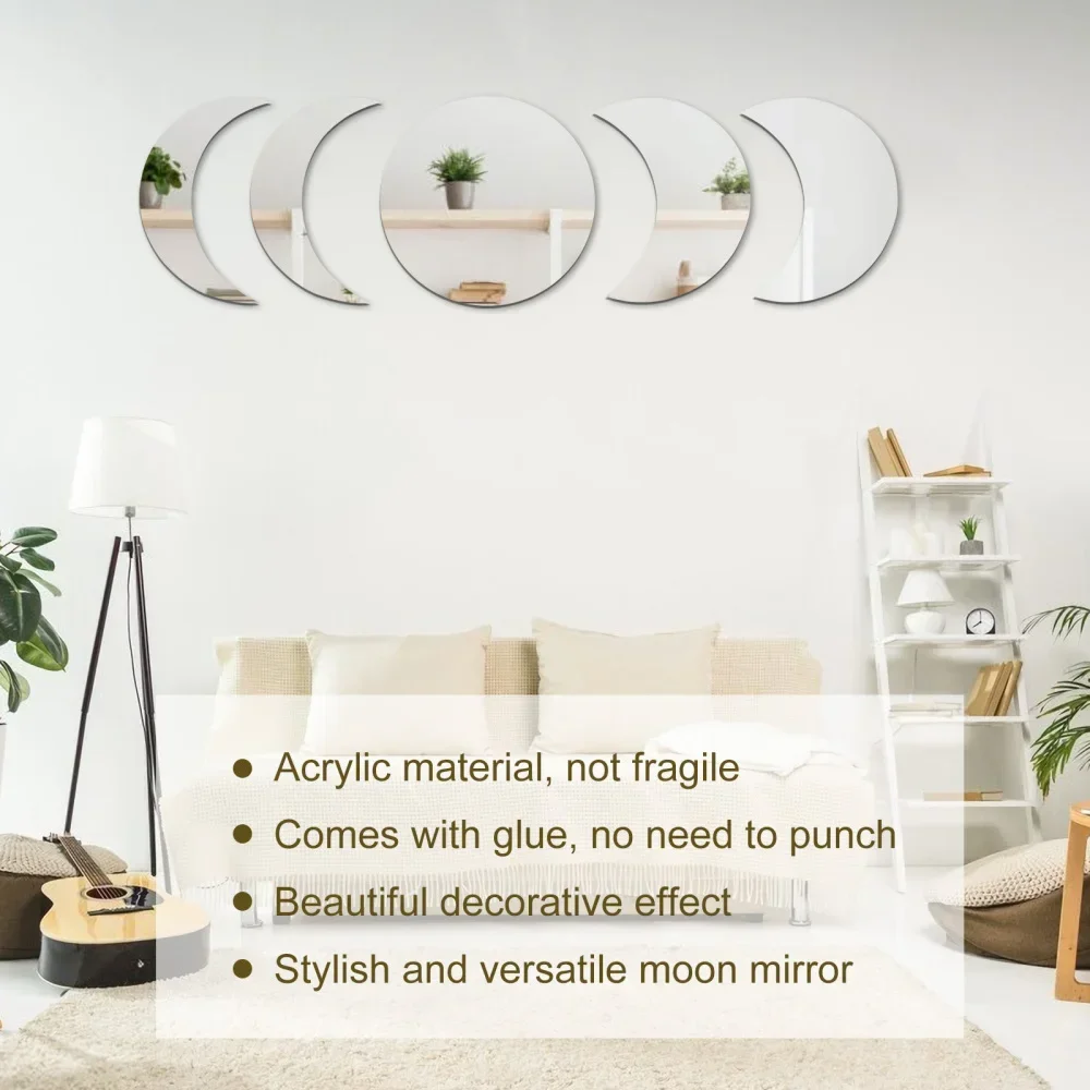 Acrylic Moon Phase Mirror Wall Decoration Mural 5 PCS 5Pcs Full-face Adhesive Set Of 5 Five Pieces Gold Interior Design