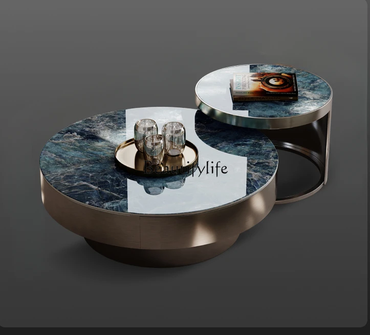 

Luxury Stone Rock Plate Size round Modern Simple and Light Luxury Marble Microlite Coffee Table TV Cabinet Combination