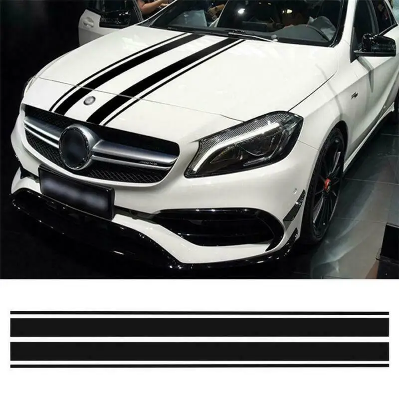 Black Vinyl Hood Stripe Decal Kit 2-Piece for Mercedes-Benz A-Class C-Class CLA GLA GLC Class Bonnet Sticker Bar Graph Layout